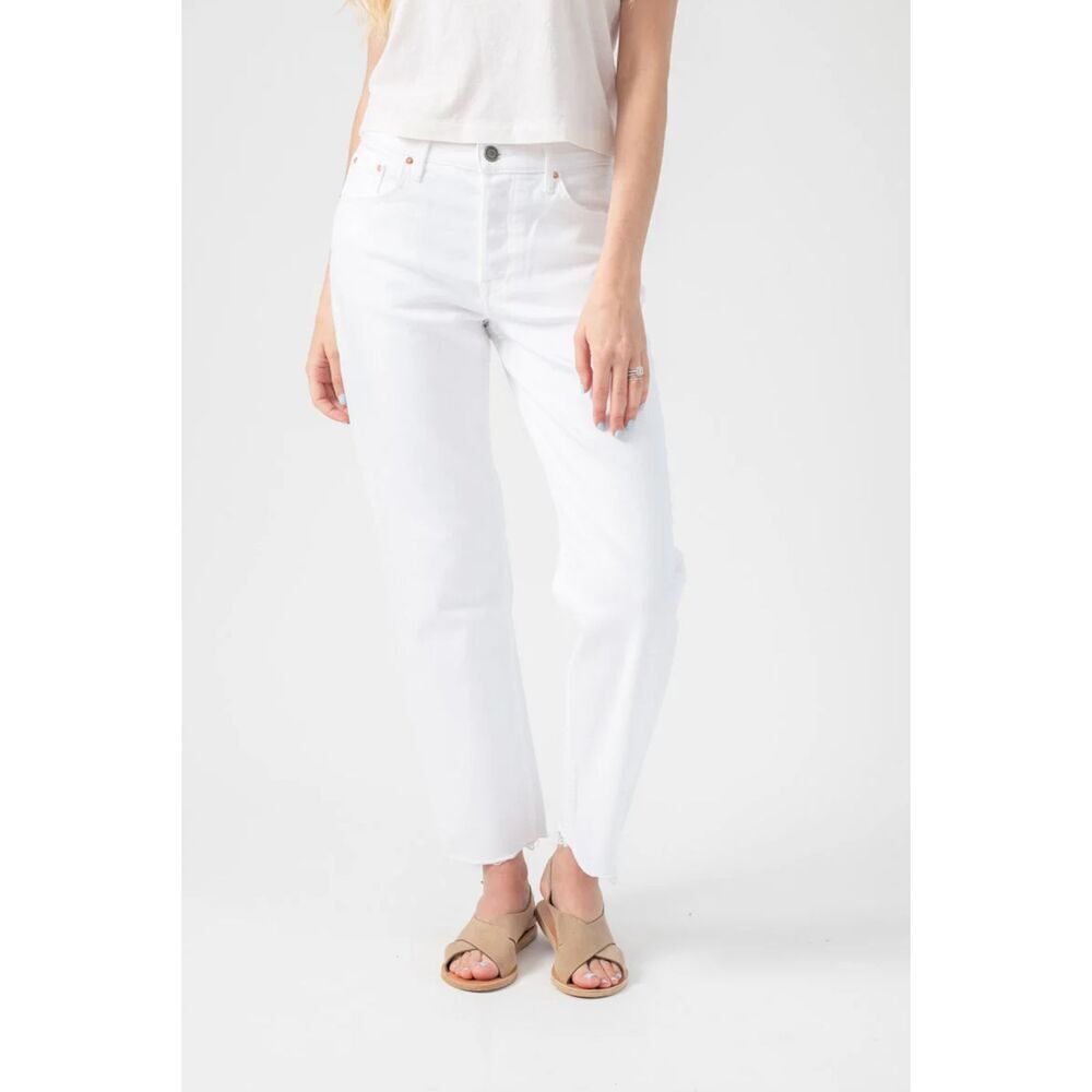 GRLFRND Womens Helena Jeans HIgh Rise Button Fly Raw Hem Bronco White‎ Size 28